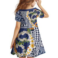 Hawaiian Plumeria Lei Kid Short Sleeve Dress Kakau Motifs and Palaka Half Style Blue Color LT03 - Polynesian Pride
