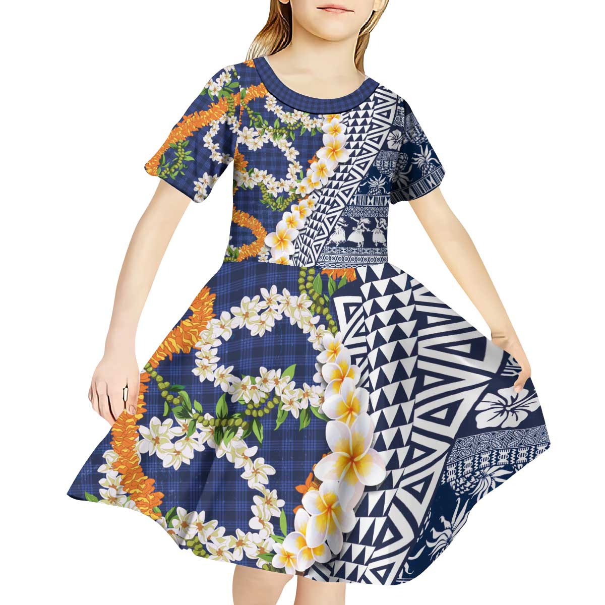 Hawaiian Plumeria Lei Kid Short Sleeve Dress Kakau Motifs and Palaka Half Style Blue Color LT03 - Polynesian Pride