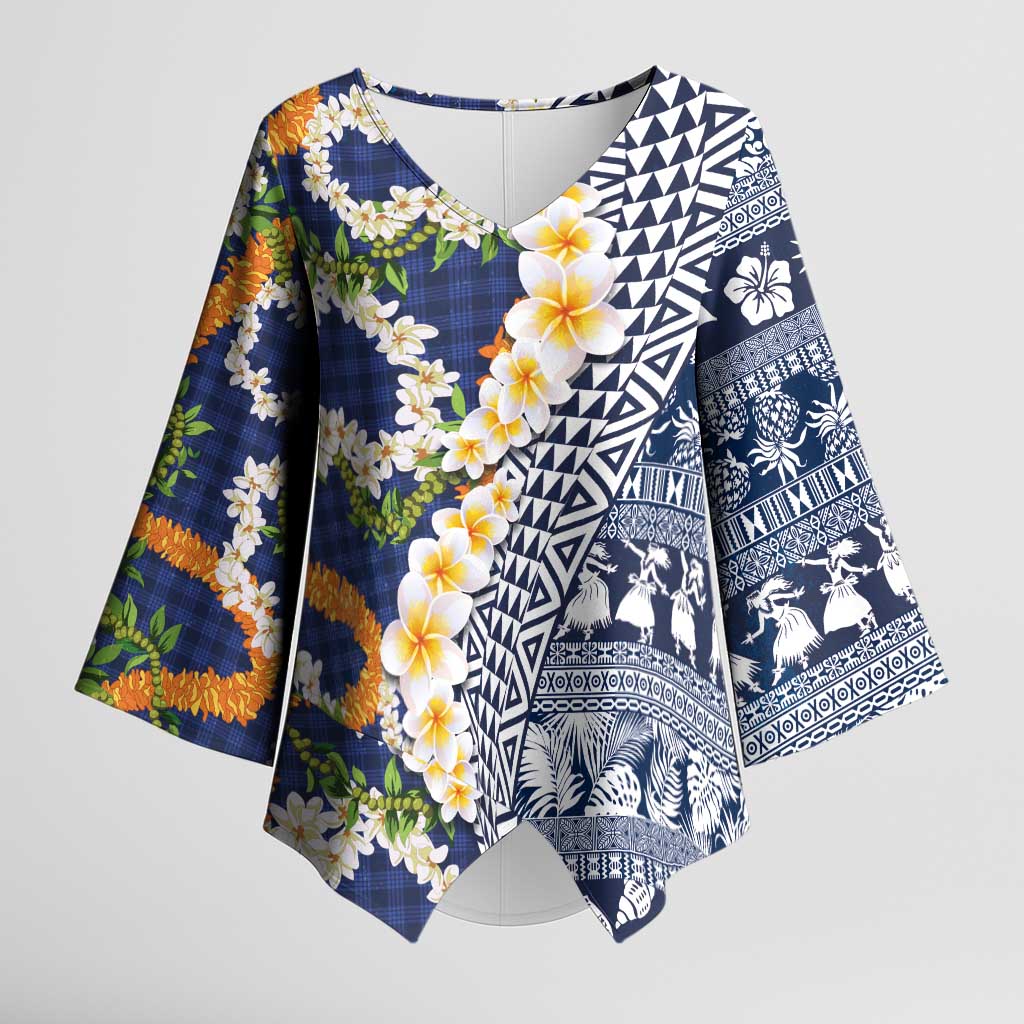 Hawaiian Plumeria Lei Kimono Sleeve Blouse Kakau Motifs and Palaka Half Style Blue Color LT03 Female Blue - Polynesian Pride