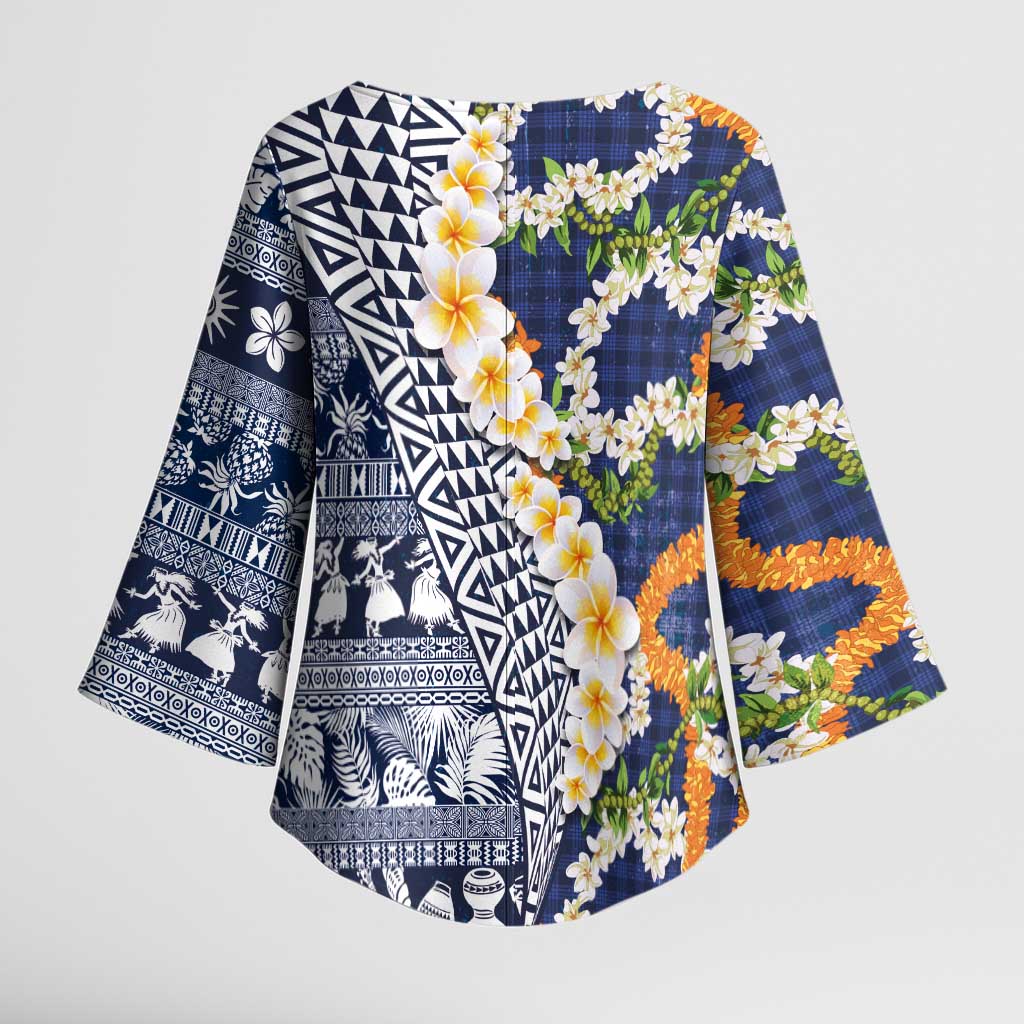 Hawaiian Plumeria Lei Kimono Sleeve Blouse Kakau Motifs and Palaka Half Style Blue Color LT03 - Polynesian Pride