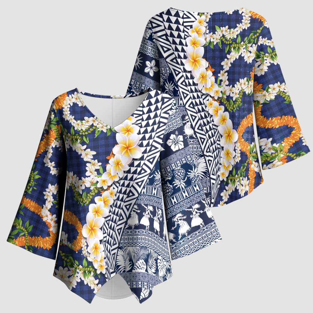 Hawaiian Plumeria Lei Kimono Sleeve Blouse Kakau Motifs and Palaka Half Style Blue Color LT03 - Polynesian Pride