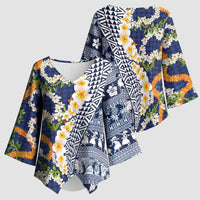 Hawaiian Plumeria Lei Kimono Sleeve Blouse Kakau Motifs and Palaka Half Style Blue Color LT03 - Polynesian Pride
