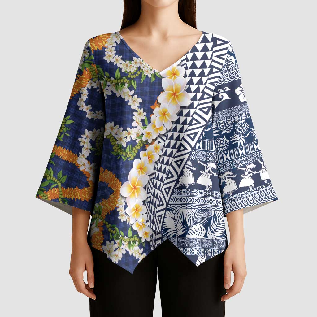 Hawaiian Plumeria Lei Kimono Sleeve Blouse Kakau Motifs and Palaka Half Style Blue Color LT03 - Polynesian Pride
