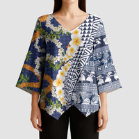 Hawaiian Plumeria Lei Kimono Sleeve Blouse Kakau Motifs and Palaka Half Style Blue Color LT03 - Polynesian Pride