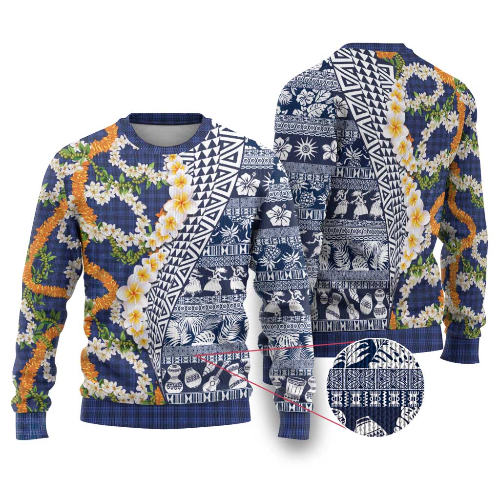 Hawaiian Plumeria Lei Ugly Christmas Sweater Kakau Motifs and Palaka Half Style Blue Color LT03 Blue - Polynesian Pride