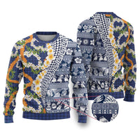 Hawaiian Plumeria Lei Ugly Christmas Sweater Kakau Motifs and Palaka Half Style Blue Color LT03 Blue - Polynesian Pride