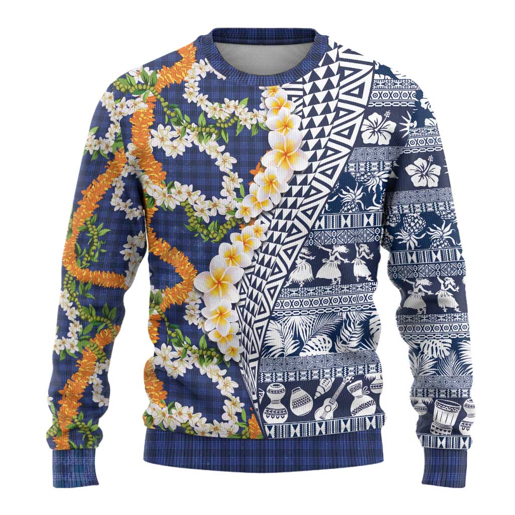 Hawaiian Plumeria Lei Ugly Christmas Sweater Kakau Motifs and Palaka Half Style Blue Color LT03 - Polynesian Pride