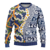 Hawaiian Plumeria Lei Ugly Christmas Sweater Kakau Motifs and Palaka Half Style Blue Color LT03 - Polynesian Pride