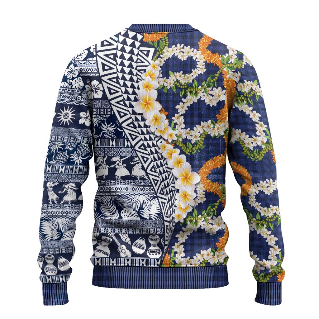 Hawaiian Plumeria Lei Ugly Christmas Sweater Kakau Motifs and Palaka Half Style Blue Color LT03 - Polynesian Pride