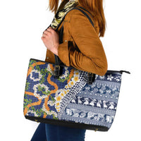 Hawaiian Plumeria Lei Leather Tote Bag Kakau Motifs and Palaka Half Style Blue Color LT03 Blue - Polynesian Pride