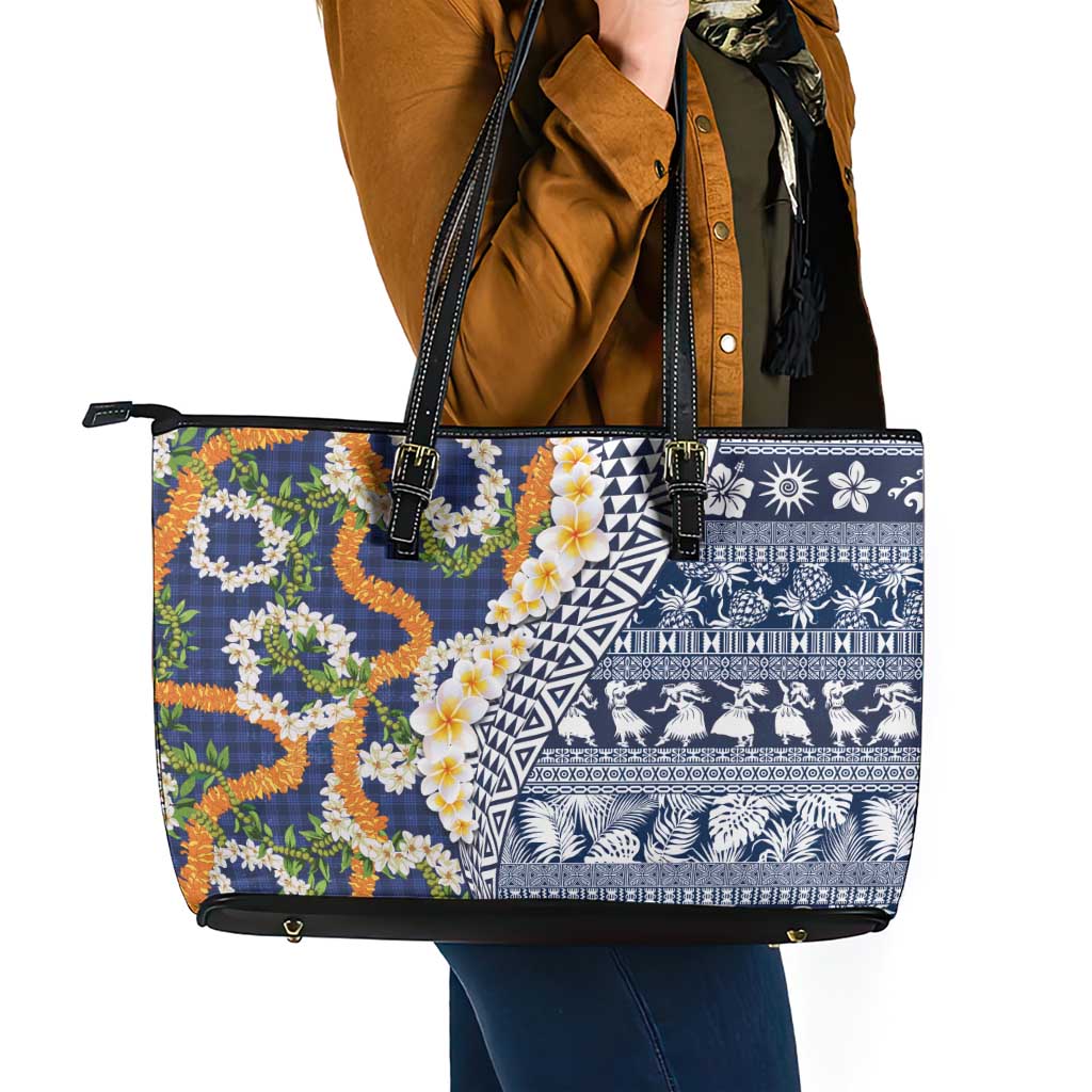 Hawaiian Plumeria Lei Leather Tote Bag Kakau Motifs and Palaka Half Style Blue Color LT03 - Polynesian Pride