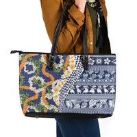 Hawaiian Plumeria Lei Leather Tote Bag Kakau Motifs and Palaka Half Style Blue Color LT03 - Polynesian Pride