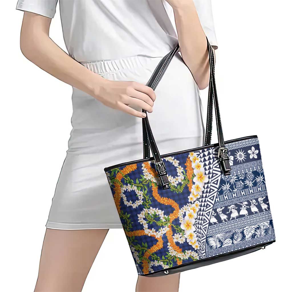 Hawaiian Plumeria Lei Leather Tote Bag Kakau Motifs and Palaka Half Style Blue Color LT03 - Polynesian Pride
