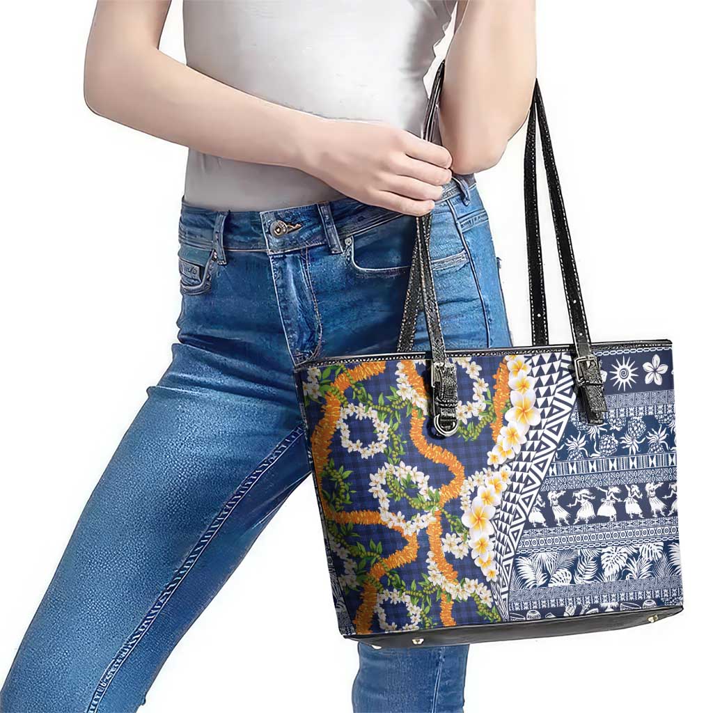 Hawaiian Plumeria Lei Leather Tote Bag Kakau Motifs and Palaka Half Style Blue Color LT03 - Polynesian Pride