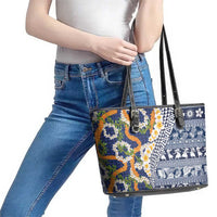 Hawaiian Plumeria Lei Leather Tote Bag Kakau Motifs and Palaka Half Style Blue Color LT03 - Polynesian Pride