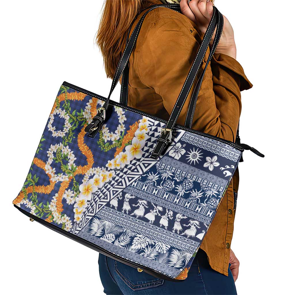 Hawaiian Plumeria Lei Leather Tote Bag Kakau Motifs and Palaka Half Style Blue Color LT03 - Polynesian Pride