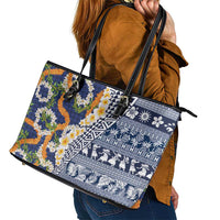 Hawaiian Plumeria Lei Leather Tote Bag Kakau Motifs and Palaka Half Style Blue Color LT03 - Polynesian Pride