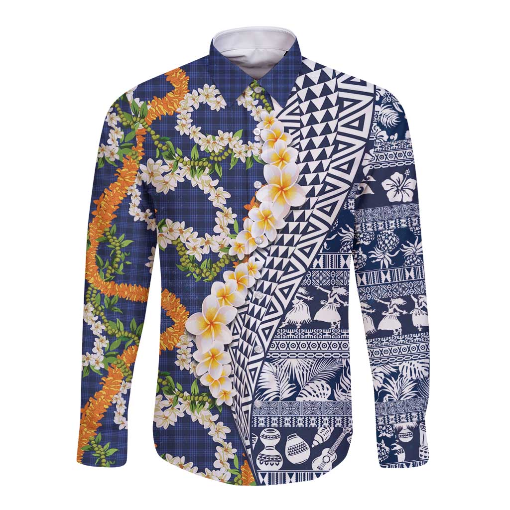 Hawaiian Plumeria Lei Long Sleeve Button Shirt Kakau Motifs and Palaka Half Style Blue Color LT03 Unisex Blue - Polynesian Pride
