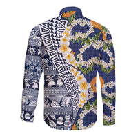 Hawaiian Plumeria Lei Long Sleeve Button Shirt Kakau Motifs and Palaka Half Style Blue Color LT03 - Polynesian Pride