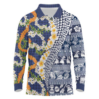 Hawaiian Plumeria Lei Long Sleeve Polo Shirt Kakau Motifs and Palaka Half Style Blue Color LT03 Blue - Polynesian Pride
