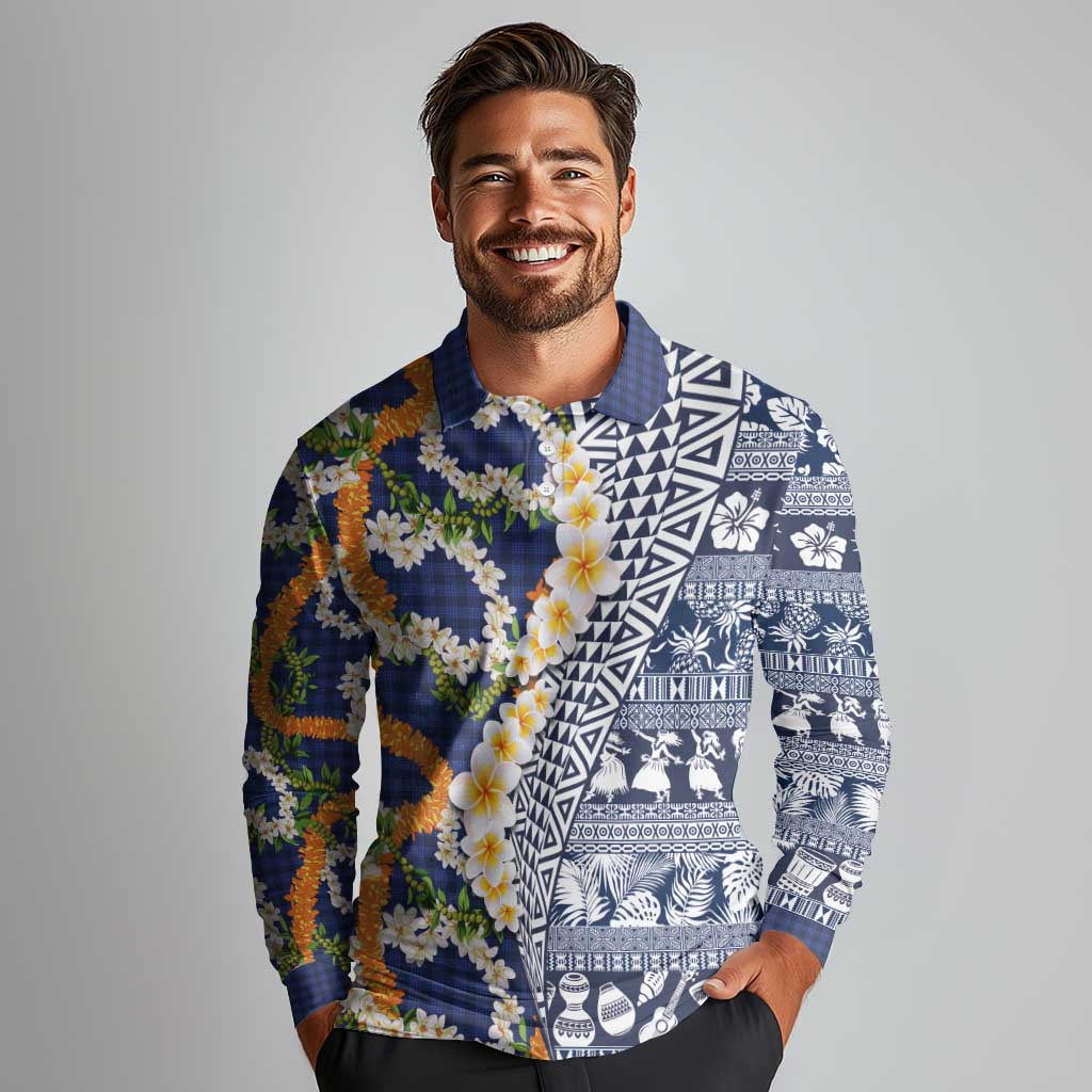 Hawaiian Plumeria Lei Long Sleeve Polo Shirt Kakau Motifs and Palaka Half Style Blue Color LT03 - Polynesian Pride