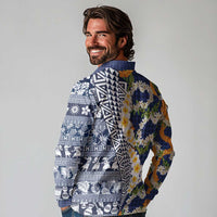 Hawaiian Plumeria Lei Long Sleeve Polo Shirt Kakau Motifs and Palaka Half Style Blue Color LT03 - Polynesian Pride