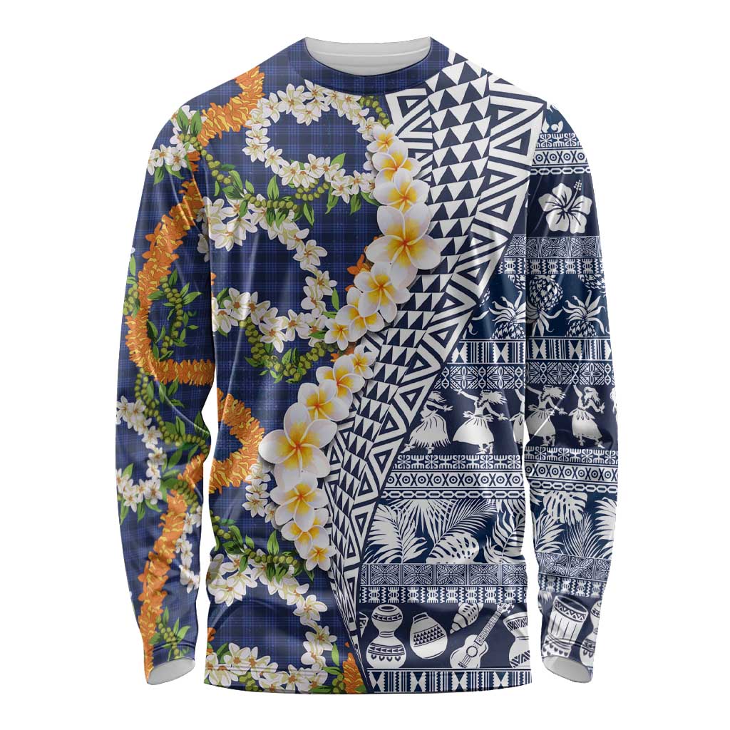Hawaiian Plumeria Lei Long Sleeve Shirt Kakau Motifs and Palaka Half Style Blue Color LT03 Unisex Blue - Polynesian Pride