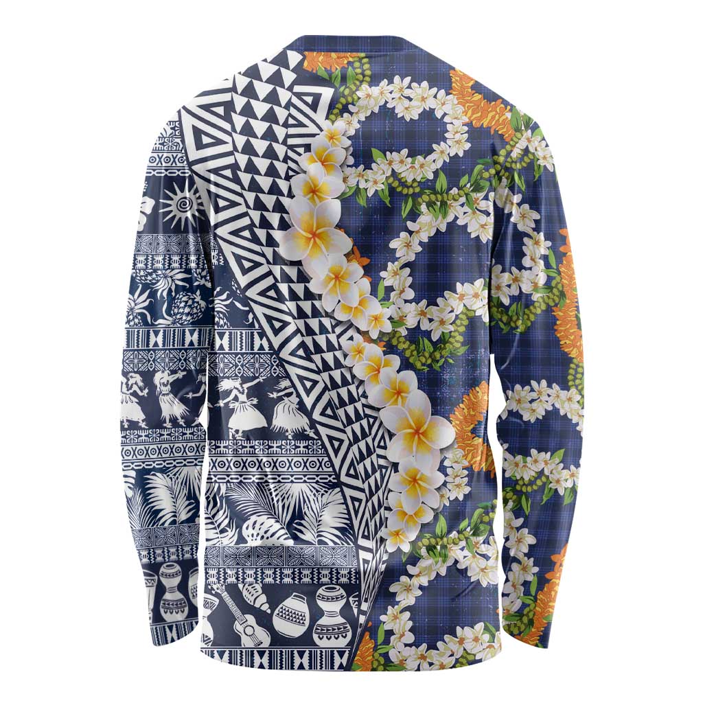 Hawaiian Plumeria Lei Long Sleeve Shirt Kakau Motifs and Palaka Half Style Blue Color LT03 - Polynesian Pride