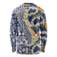 Hawaiian Plumeria Lei Long Sleeve Shirt Kakau Motifs and Palaka Half Style Blue Color LT03 - Polynesian Pride