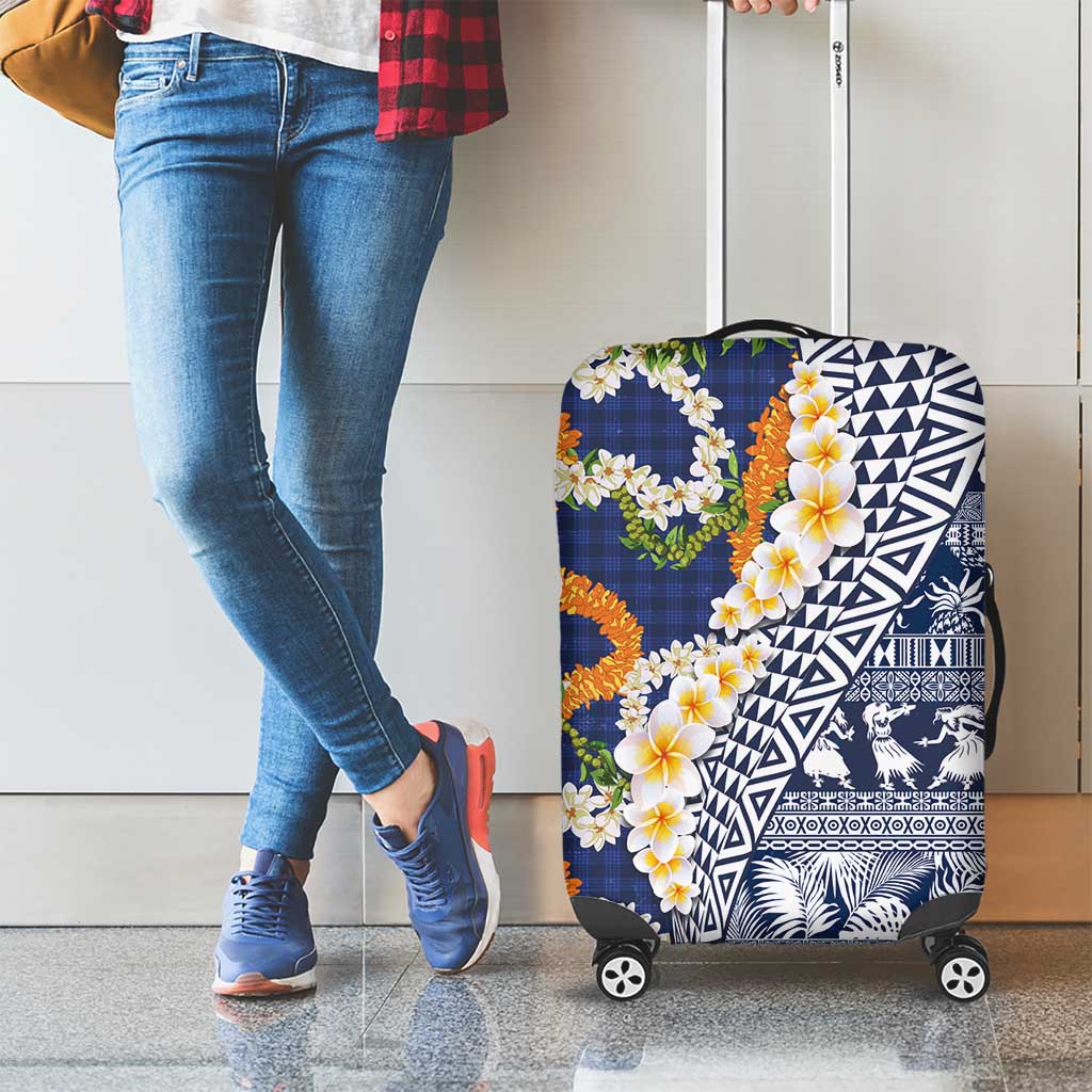 Hawaiian Plumeria Lei Luggage Cover Kakau Motifs and Palaka Half Style Blue Color LT03 - Polynesian Pride