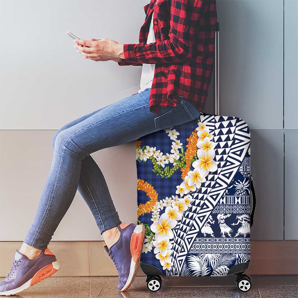 Hawaiian Plumeria Lei Luggage Cover Kakau Motifs and Palaka Half Style Blue Color LT03 - Polynesian Pride