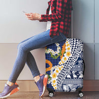 Hawaiian Plumeria Lei Luggage Cover Kakau Motifs and Palaka Half Style Blue Color LT03 - Polynesian Pride