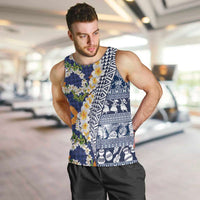 Hawaiian Plumeria Lei Men Tank Top Kakau Motifs and Palaka Half Style Blue Color LT03 Blue - Polynesian Pride