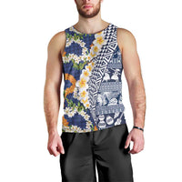 Hawaiian Plumeria Lei Men Tank Top Kakau Motifs and Palaka Half Style Blue Color LT03 - Polynesian Pride