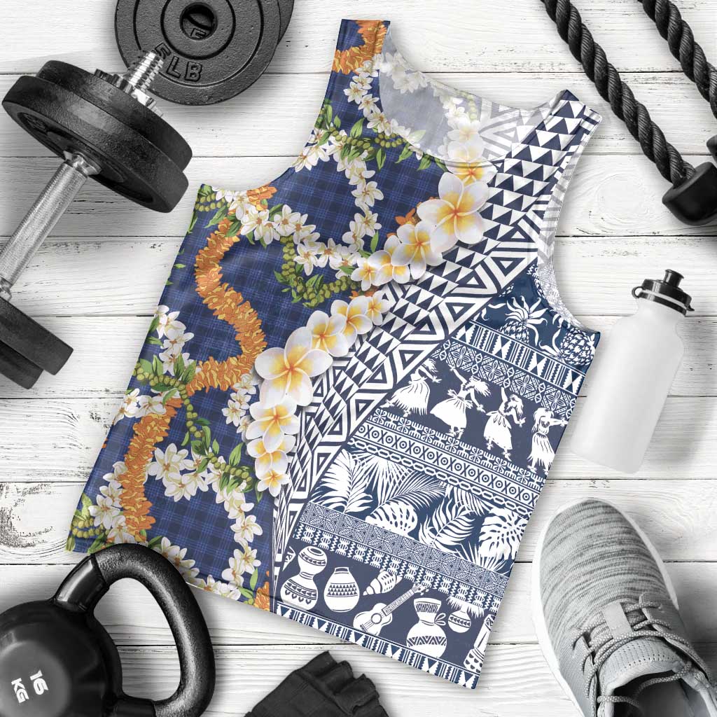 Hawaiian Plumeria Lei Men Tank Top Kakau Motifs and Palaka Half Style Blue Color LT03 - Polynesian Pride