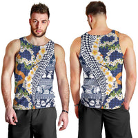 Hawaiian Plumeria Lei Men Tank Top Kakau Motifs and Palaka Half Style Blue Color LT03 - Polynesian Pride