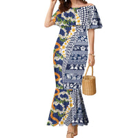 Hawaiian Plumeria Lei Mermaid Dress Kakau Motifs and Palaka Half Style Blue Color LT03 Women Blue - Polynesian Pride