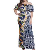 Hawaiian Plumeria Lei Off Shoulder Maxi Dress Kakau Motifs and Palaka Half Style Blue Color LT03 Women Blue - Polynesian Pride