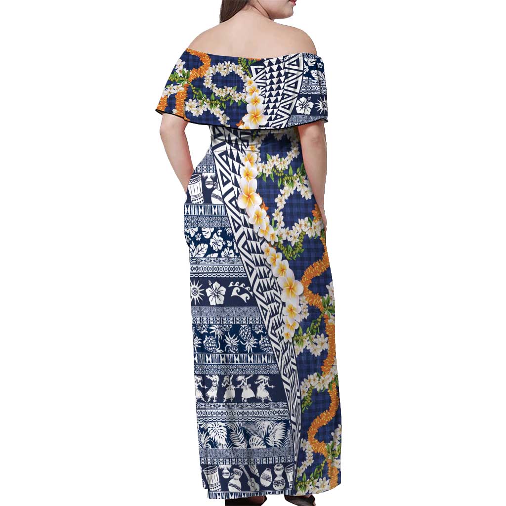 Hawaiian Plumeria Lei Off Shoulder Maxi Dress Kakau Motifs and Palaka Half Style Blue Color LT03 - Polynesian Pride