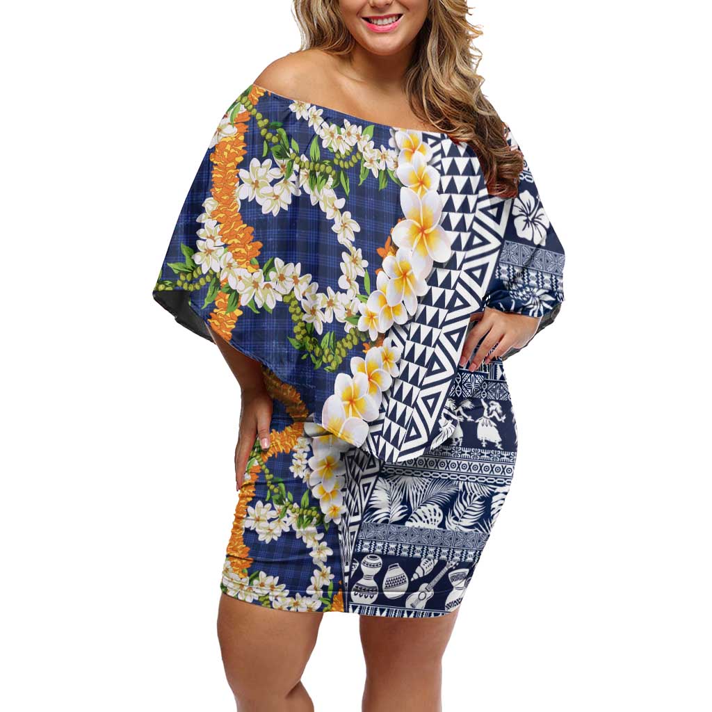 Hawaiian Plumeria Lei Off Shoulder Short Dress Kakau Motifs and Palaka Half Style Blue Color - Polynesian Pride