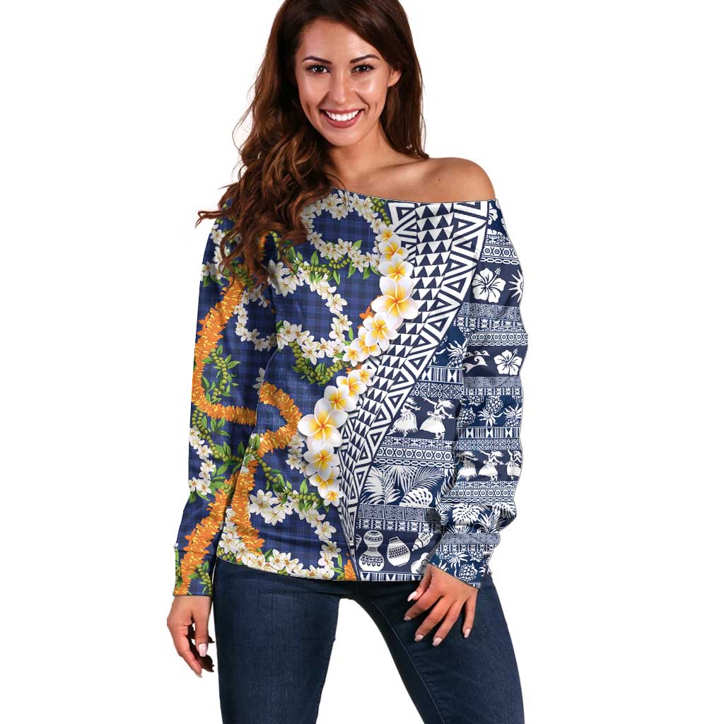 Hawaiian Plumeria Lei Off Shoulder Sweater Kakau Motifs and Palaka Half Style Blue Color LT03 Women Blue - Polynesian Pride