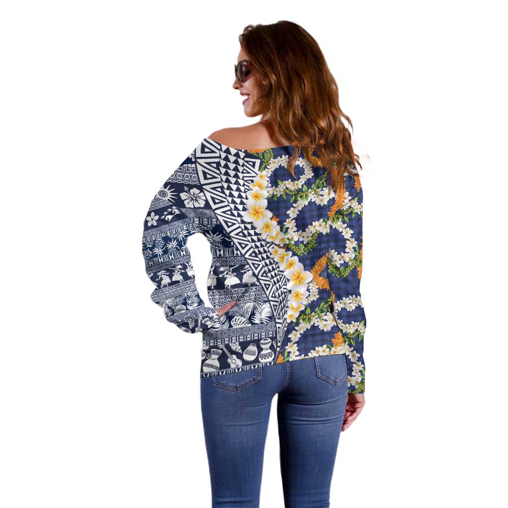 Hawaiian Plumeria Lei Off Shoulder Sweater Kakau Motifs and Palaka Half Style Blue Color LT03 - Polynesian Pride