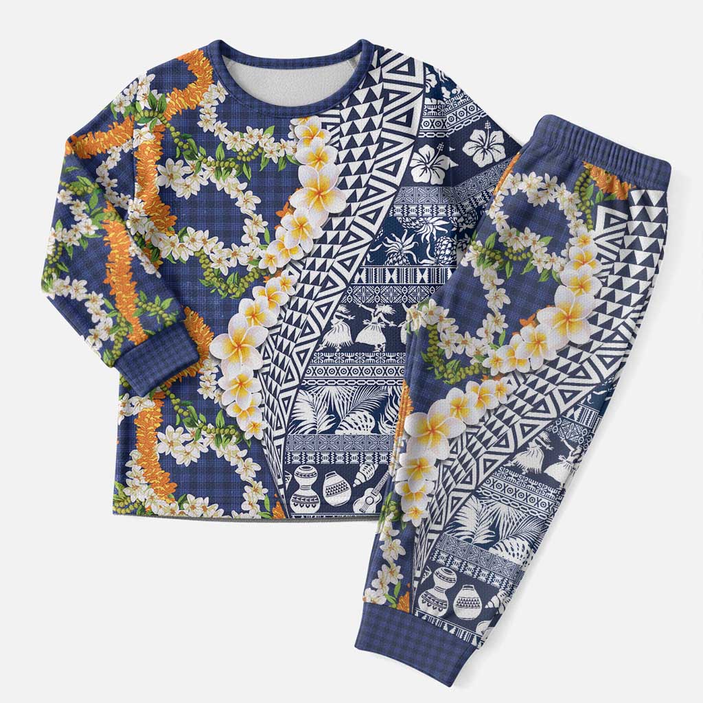 Hawaiian Plumeria Lei Christmas Pajama Set Kakau Motifs and Palaka Half Style Blue Color LT03 Men Blue - Polynesian Pride