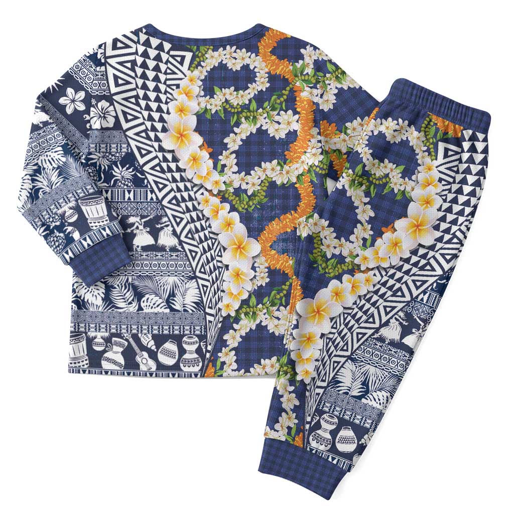 Hawaiian Plumeria Lei Christmas Pajama Set Kakau Motifs and Palaka Half Style Blue Color LT03 - Polynesian Pride