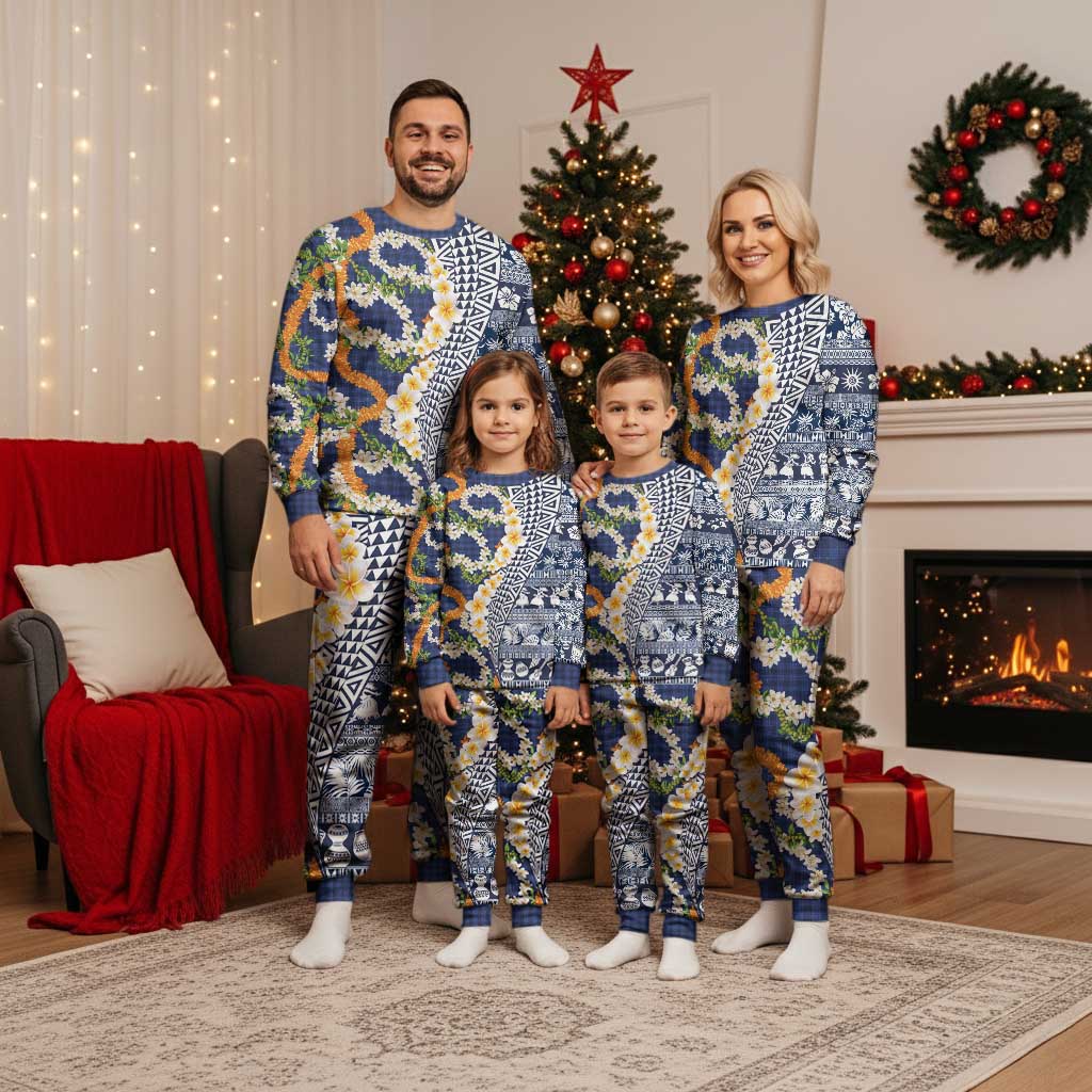 Hawaiian Plumeria Lei Christmas Pajama Set Kakau Motifs and Palaka Half Style Blue Color LT03 - Polynesian Pride