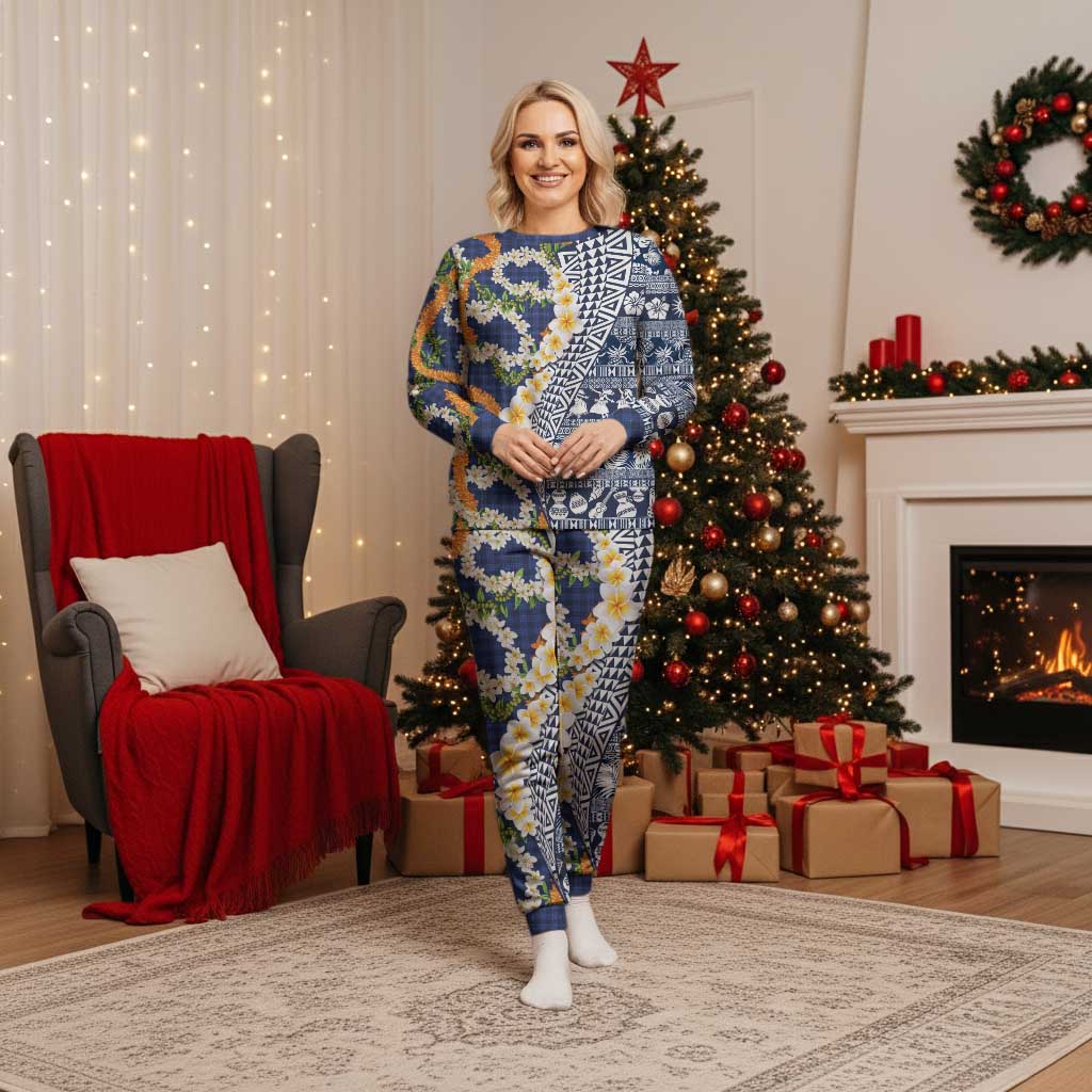 Hawaiian Plumeria Lei Christmas Pajama Set Kakau Motifs and Palaka Half Style Blue Color LT03 Women Blue - Polynesian Pride