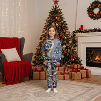 Hawaiian Plumeria Lei Christmas Pajama Set Kakau Motifs and Palaka Half Style Blue Color LT03 Kid Blue - Polynesian Pride