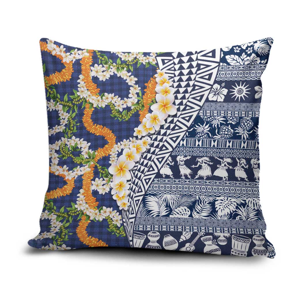 Hawaiian Plumeria Lei Pillow Cover Kakau Motifs and Palaka Half Style Blue Color LT03 Blue - Polynesian Pride