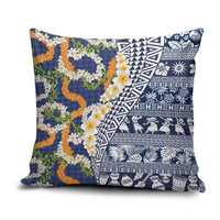 Hawaiian Plumeria Lei Pillow Cover Kakau Motifs and Palaka Half Style Blue Color LT03 Blue - Polynesian Pride