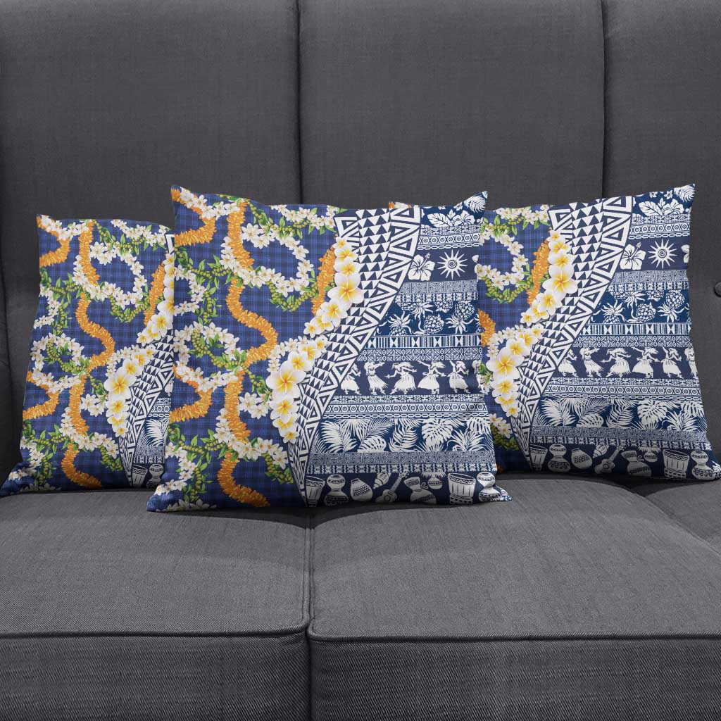 Hawaiian Plumeria Lei Pillow Cover Kakau Motifs and Palaka Half Style Blue Color LT03 - Polynesian Pride